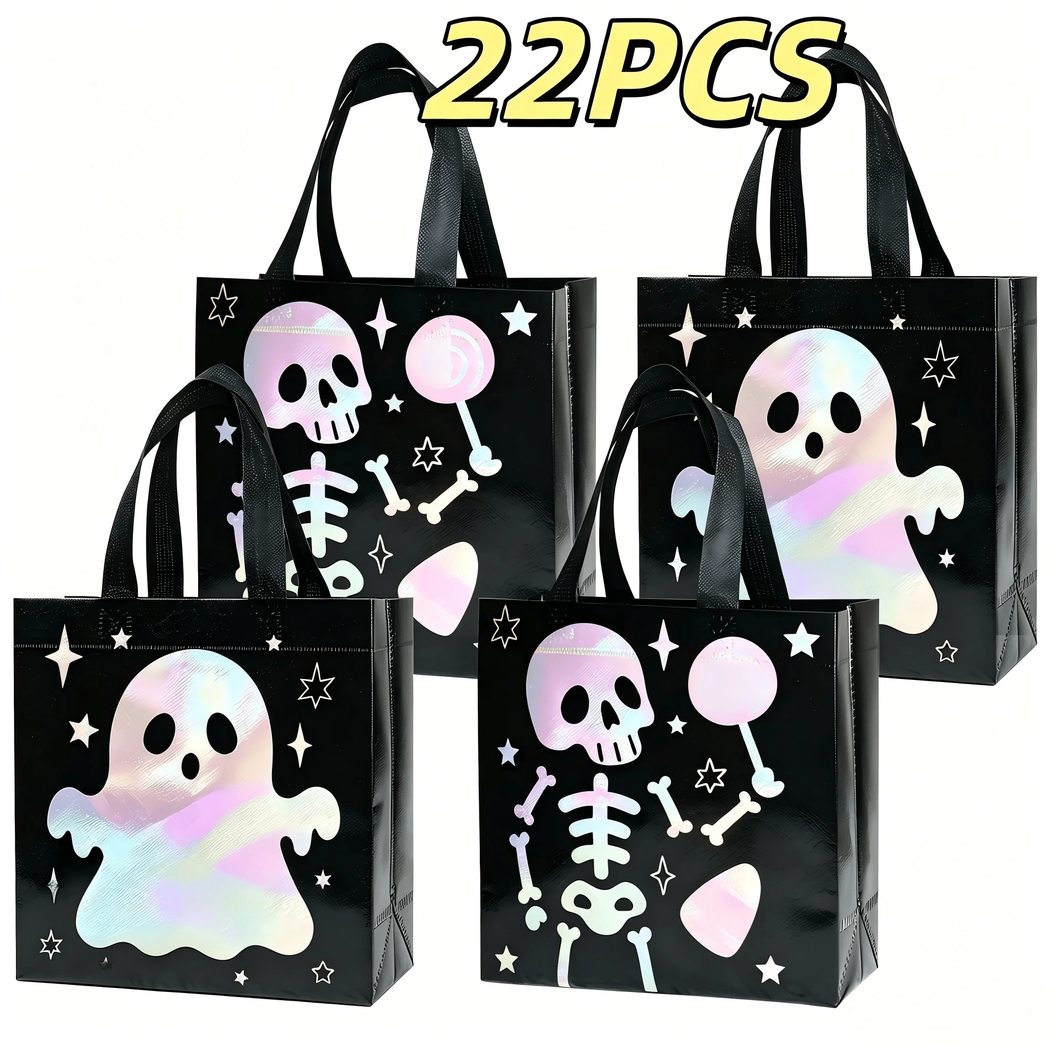 10/22PCS Halloween Treat Bags, Reusable Non-Woven Halloween Goodie Bags With Holographic Skeleton & Ghost Design, Black Halloween Candy Bags For Trick Or Treat, Halloween Party Favors, Halloween Decorations