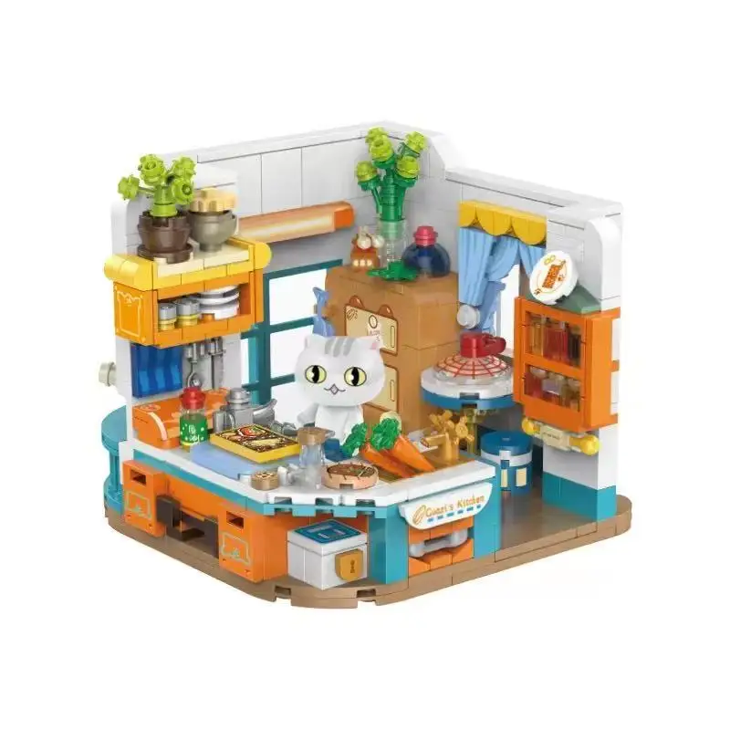 Casa de bloques de construcción para niños, juguete de cocina, modelo de ensamblaje, bricolaje, un grupo de gatos, adornos creativos, juguete para regalo de cumpleaños