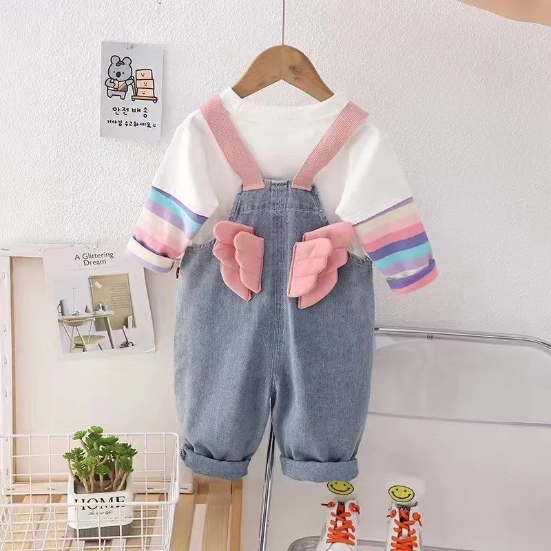 

Girls Spring And Autumn Season Denim Shoulder Pants 2024 New Korean Version Children's Long Sleeved Shoulder Pants Two-piece Set