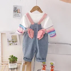 Girls Spring And Autumn Season Denim Shoulder Pants 2024 New Korean Version Children's Long Sleeved Shoulder Pants Two-piece Set