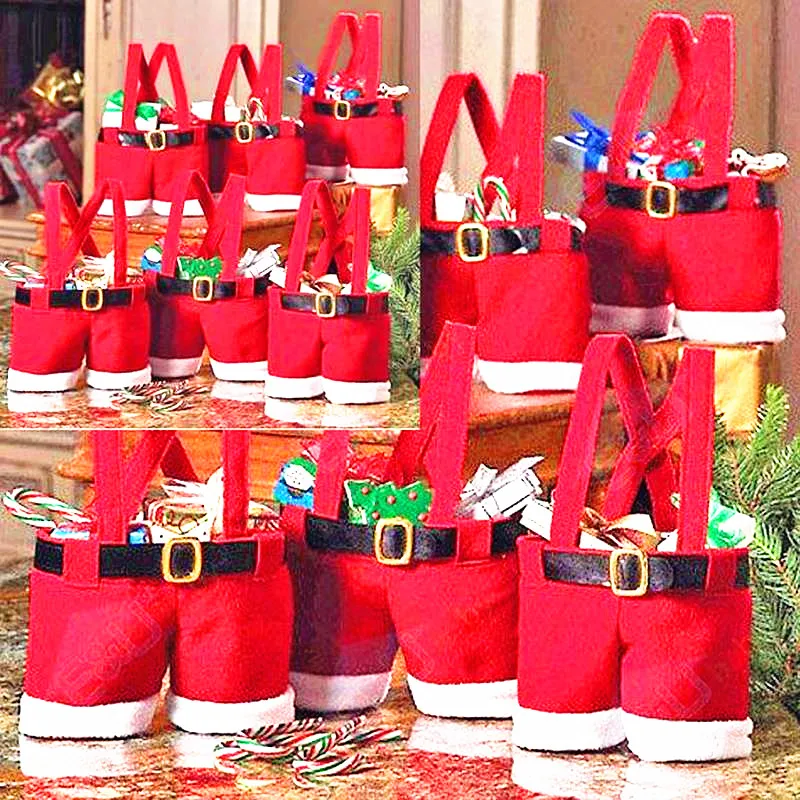 1Pcs Merry Christmas Gift Treat Candy Wine Bottle Holder Santa Claus Suspender Pants Trousers Decor Christmas Gift Bags Cute