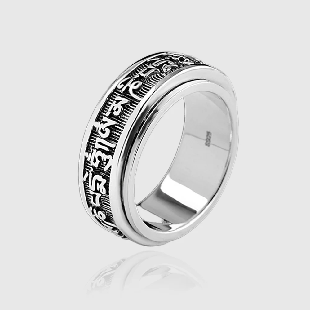 

Real 925 Sterling Silver Vintage Rings For Men Rotatable Tibetan Six Words Mantra Rings Om Mani Padme Hum Buddhist Jewelry