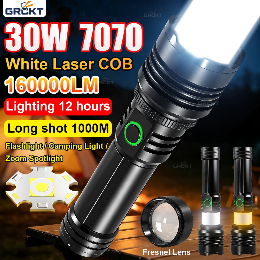 30W 7070 Flashlights Rechargeable High Power Lumens Camping Lantern LED Torch Light Powerful Battery Outdoor Camping Lamp 18650