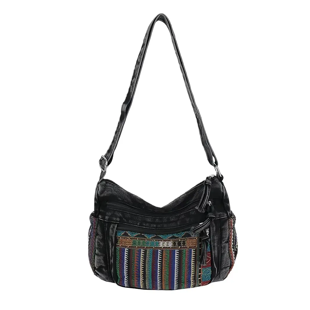 

Черные джинсовые сумки-кроссбоди, сумки-кроссбоди в стиле бохо для женщин, повседневные дорожные сумки в стиле хиппи с множеством карманов