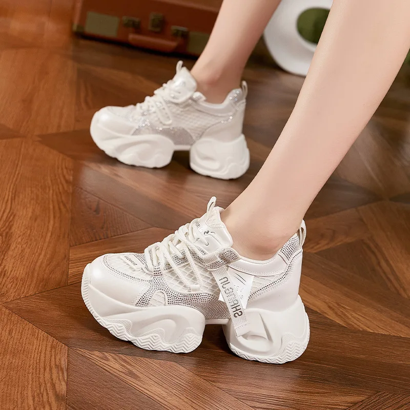 Spring Autumn Chunky Sneakers Women Dad Shoes Mesh Breathable Rhinestone Platform Thick Sole Height Increasing Casual Trainers
