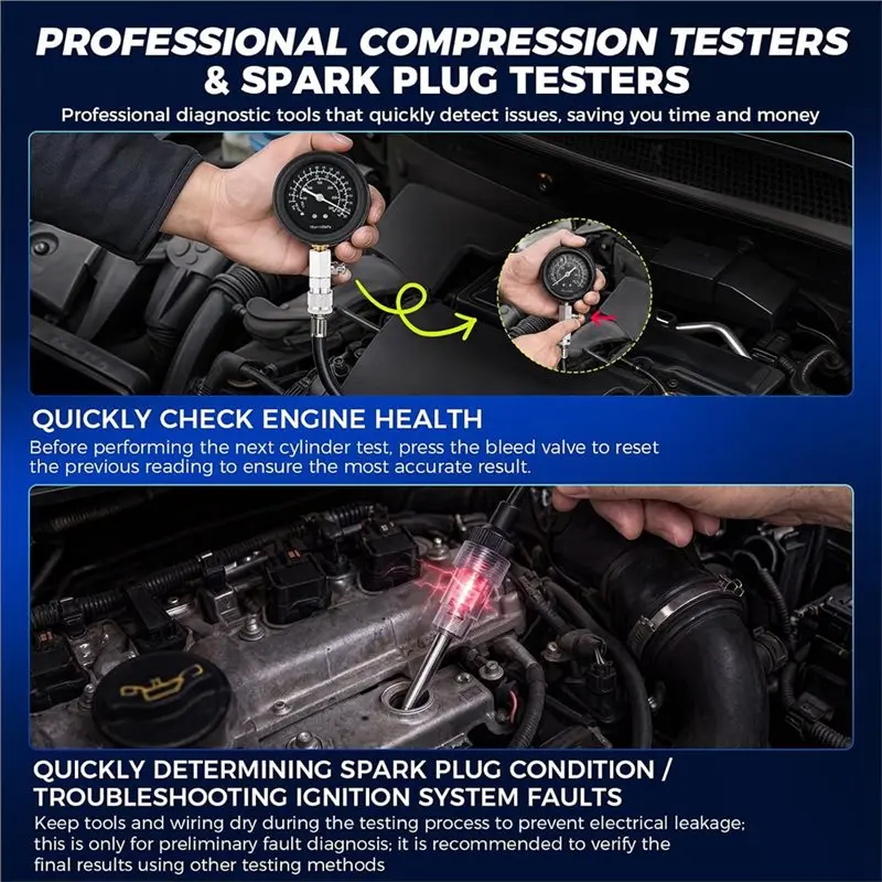 Cylinder Compression Tester Kit - 0-300 PSI Gauge, 5 Adapters, Spark Plugs Test Function For Automotive Engine Diagnosis
