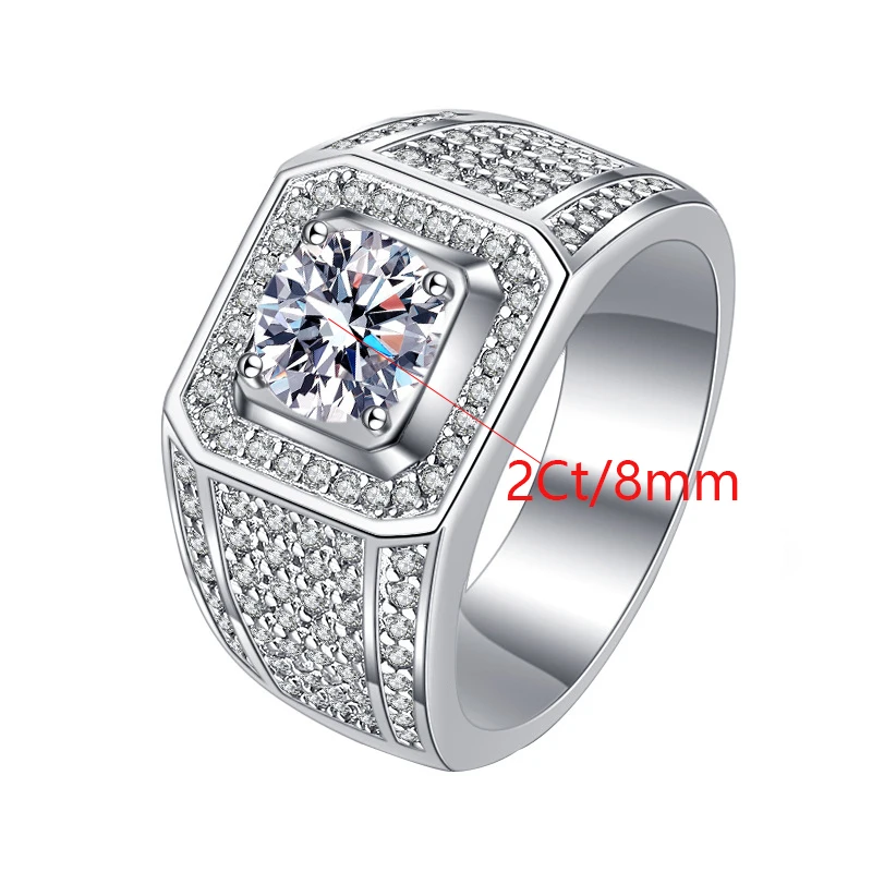S925 Sterling Silver 2ct Blue Moissanite Ring for Men Luxury Square Ice Out Signet Rings Hip Hop Fine Jewelry