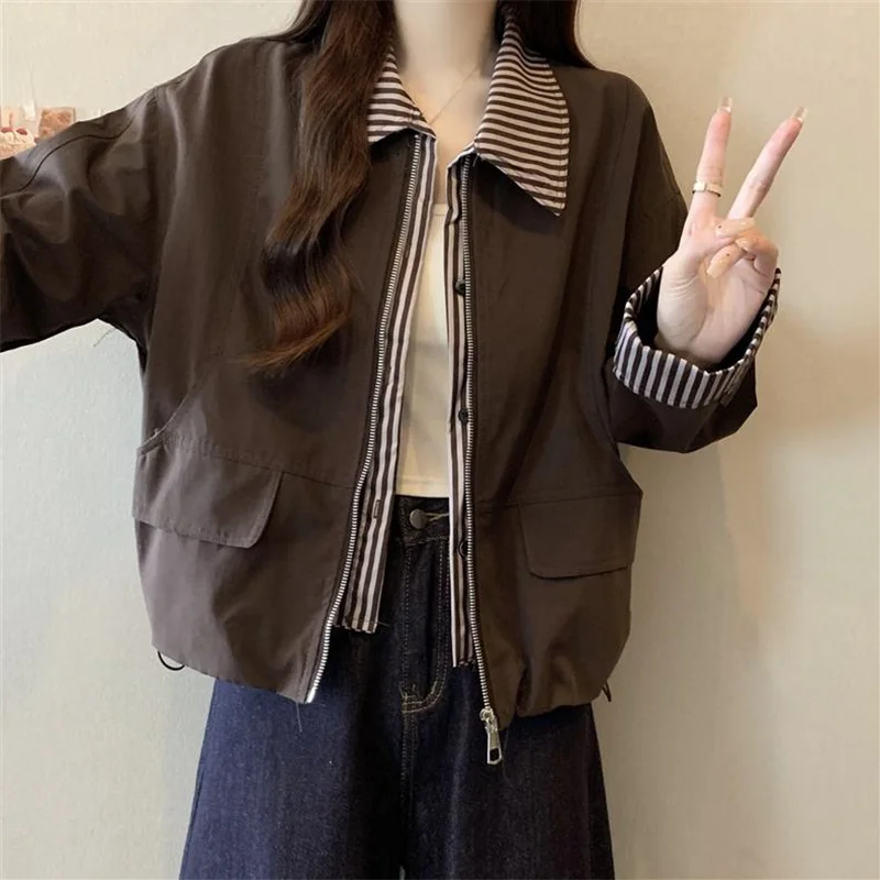 

Vintage Cropped Cargo Jacket Women Zipper Striped Fake Two Pieces Patchwork Coats Spring Autumn Retro Streetwear Button Outwear
