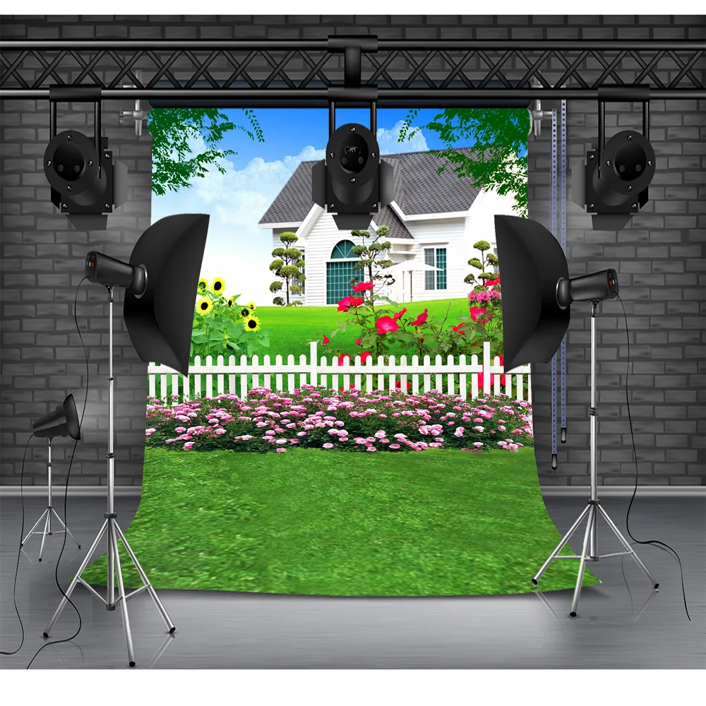 

Cartoon Outdoor Scenery Photography Backdrops Props Flower Spring Fairy Tale Blue Sky Green Leaves Grass Photo Background QY-04