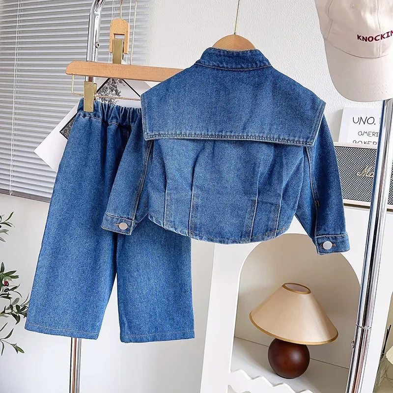 Childrens Sets Girl Cowboy Autumn New Children Korean Fashion Cowboy Causal Time Lapel Collar Two Pieces 2024 Simple