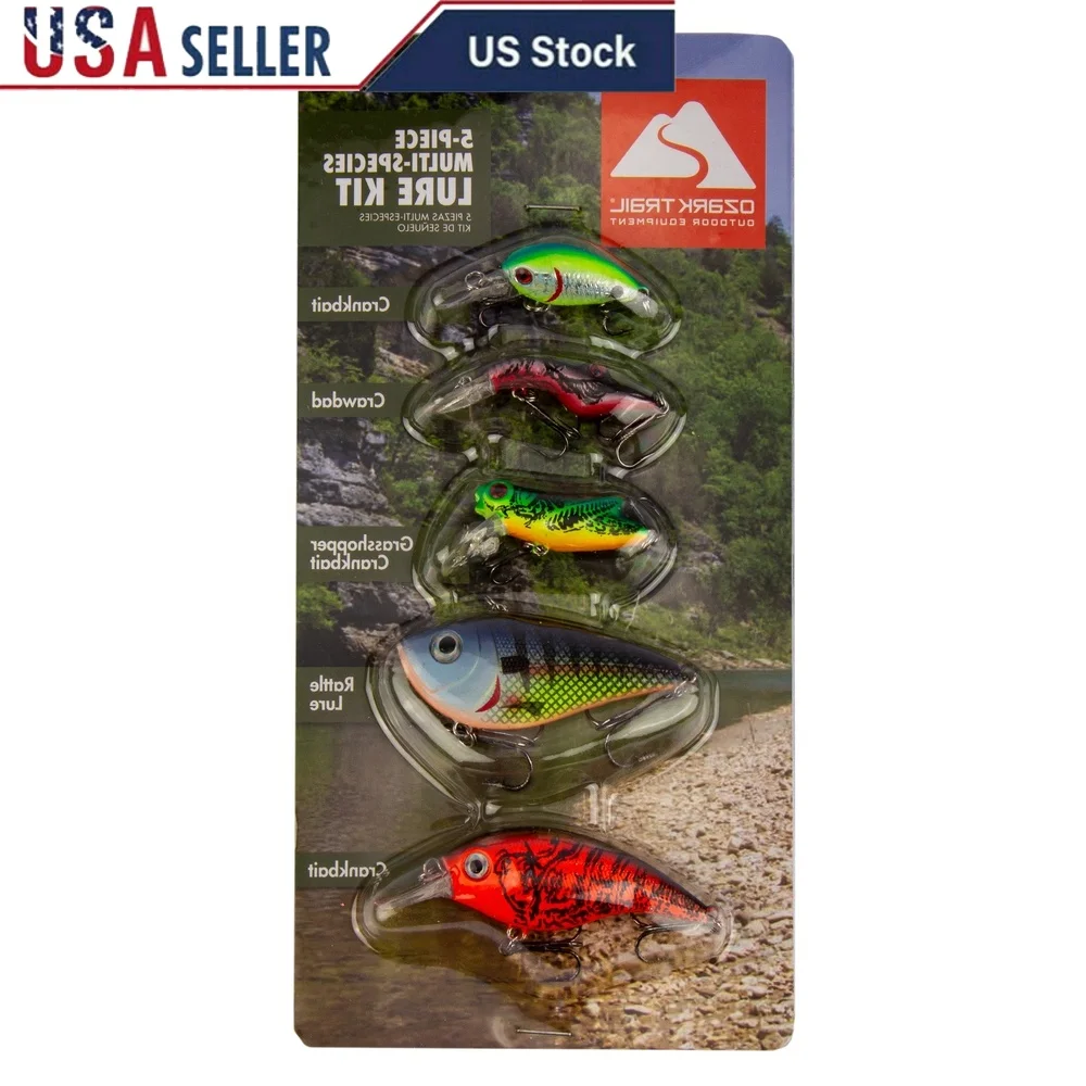 

5 Piece Multi-Species Fishing Lure Set Crankbait Rattle Lure Mini Grasshopper Mini Crawdad Lifelike Action Tackle Box Bait