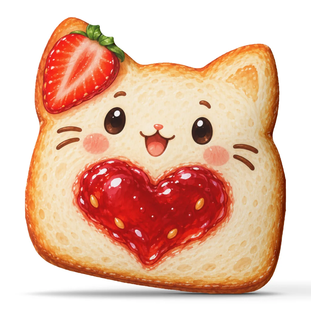 Cute Strawberry Jam Cat Toast Shaped Throw Pillow Stuffed Floor Cushion Cat Lover Gift Sweet Food Bedroom Sofa Home Decor