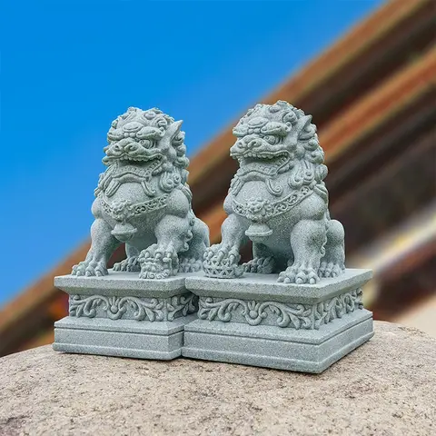 Fu Foo Dog Pair Guardian Stone Lion Statues Chinese Feng Shui Decorative Figurines Home Living Room Bar Cafe Decor Desk Ornament