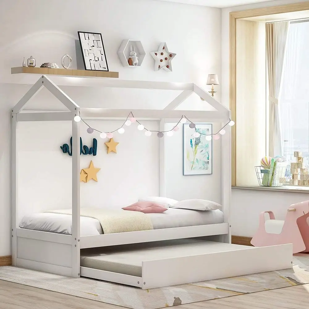 

Twin Size Wooden Trundle Bed, Suitable for Kids, Teens, Girls, and Boys - White