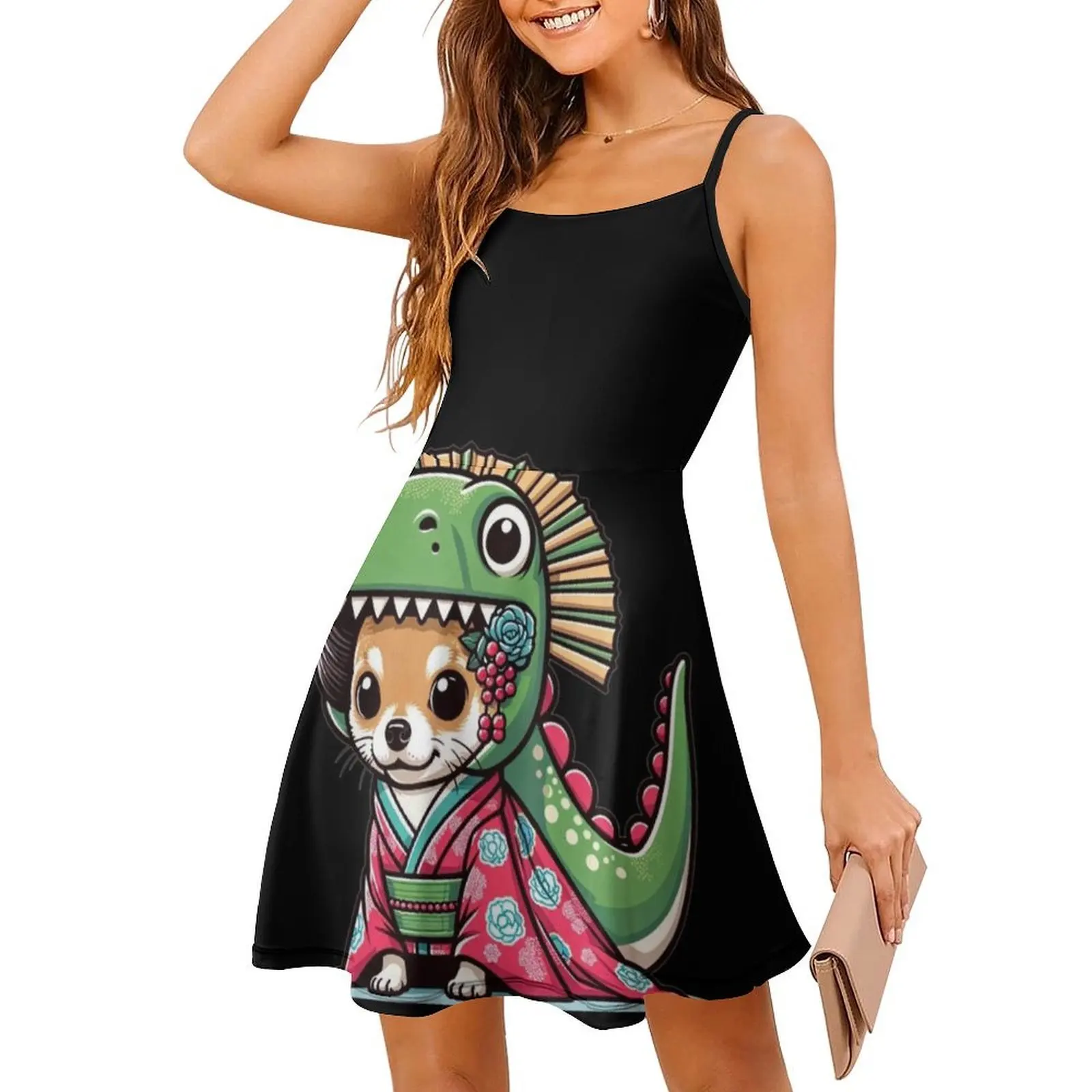 Pup Folly Abito senza maniche bohémien Multi-stampa Abito da festa per le vacanze al mare Chihuahua Dinosauro Grafica Divertimento Abiti da festa per cani Dino