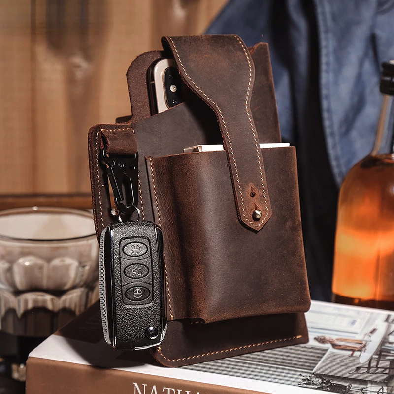 Men's Retro Wild Horse Leather Phone Bag Belt for Men High-end Leather Outdoor Sports Tactical Belt Bag