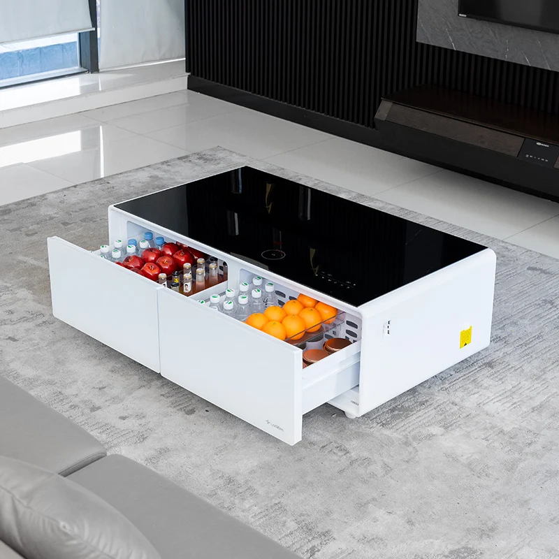

Smart Coffee Table Fridge with Built-in Refrigerator and Speaker Cooling Drawers Tea Table with Wireless Charging