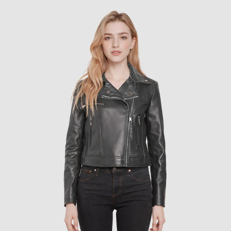 

Autumn and Winter European Women's Leather Short SYBs Oblique Pull Slim Leather