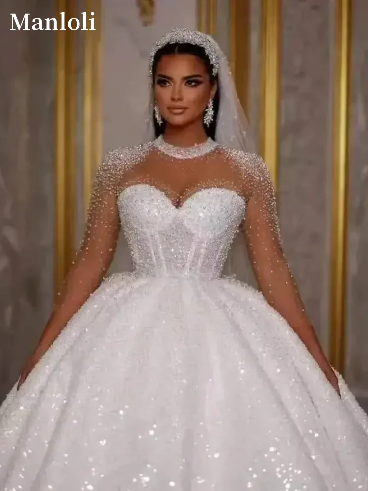 Vestido de novia africano brillante, lujoso vestido de novia de corte a, cuentas de lentejuelas, mangas largas, vestido de novia de Dubái personalizado