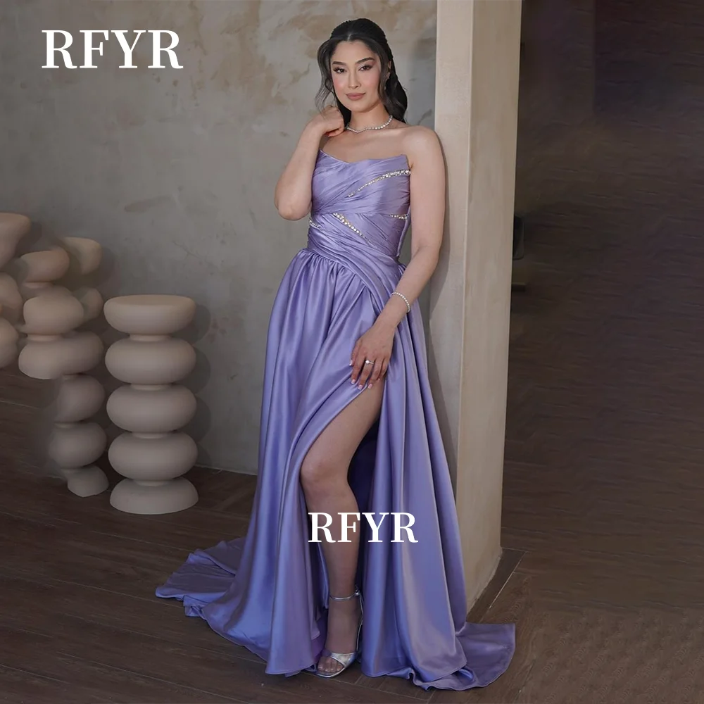 

RFYR A Line Prom Dress Pleats Evening Dress Crystal Stones Party Dress Strapless فساتين مناسبة رسمية Customized