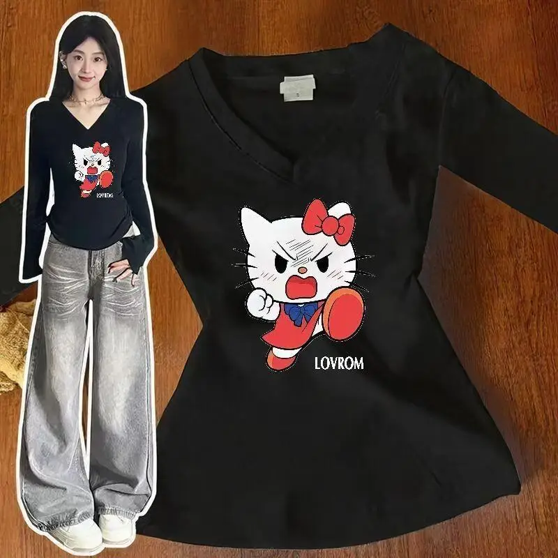 

Sanrio Hello Kitty Cat Cartoon Print Long Sleeve T Shirt Women Cotton Blended Student Casual Sweet Loose Tops Autumn Pullover