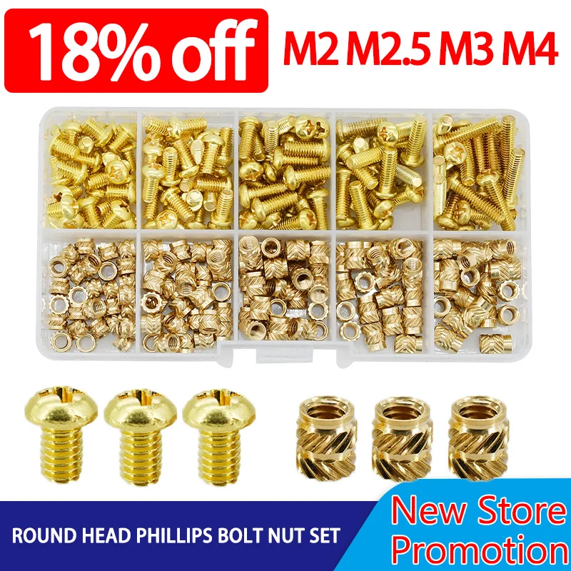 M2 M2.5 M3 M4 Brass Insert Nut Screw Kit Metric Threaded Hot Melt Heat Inserts Insertnut Copper Phillips Screw Set 3D Printing