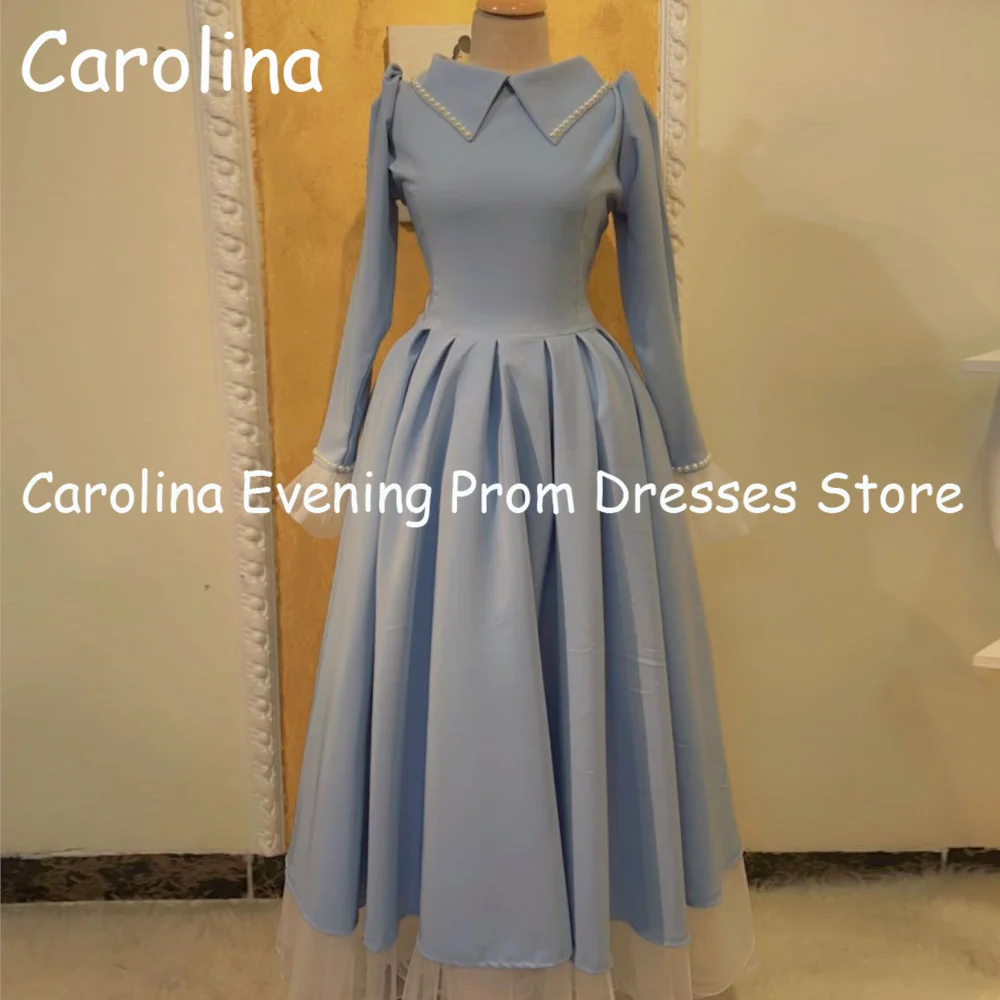 Carolina Satin A-line O-neck Ruffle Arab Popular Prom Gown Ankle Length Saudi Evening Formal Elegant Party Dress for Women 2023