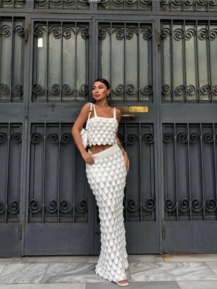 Knitted Hollow Square Neck Vest And Tight Skirt Two-piece Set 2026 Summer New Fashionable White Sexy Skirt Matching Set Female