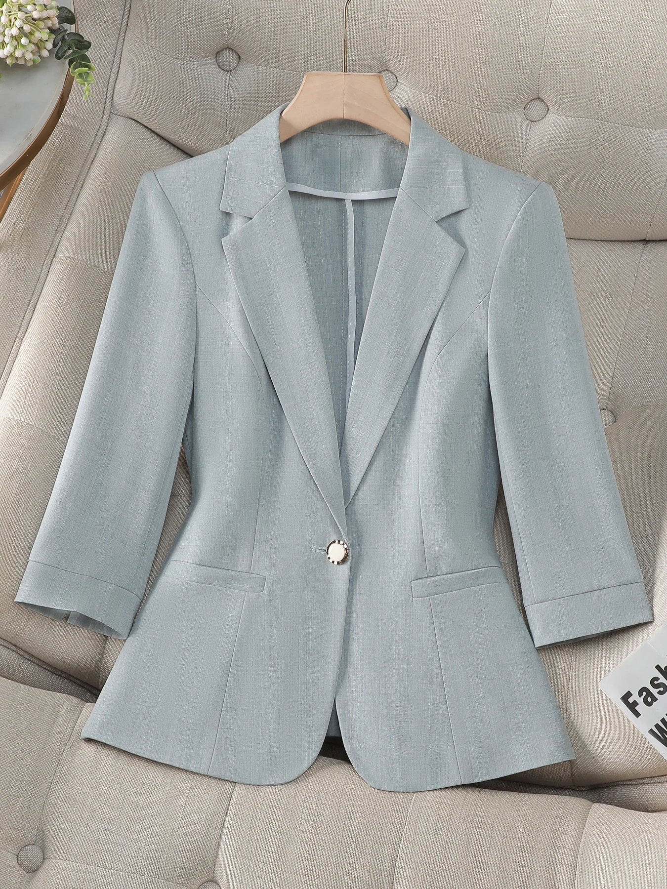 

Женский голубой пиджак с короткими рукавами, приталенный тканый офисный пиджак, однобортный повседневный пиджак для работы и поездок на работу