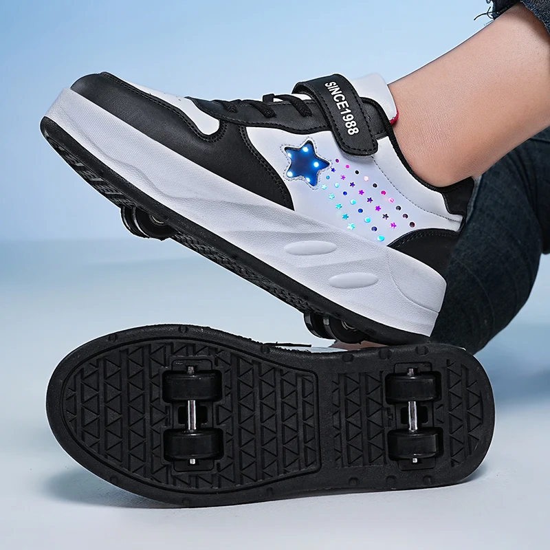 Zapatillas de patinaje con luces LED para niños y niñas, zapatos de Patinaje con ruedas intermitentes, desmontables, 4 ruedas, para correr, Parkour