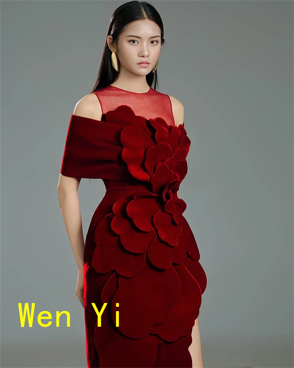 CustomizedCustomized Fashion  Burgundy Jersey Evening Dress Formal Crew Neck Off the Shoulder Mermaid Zipper Back Side Slit  Pro image 4