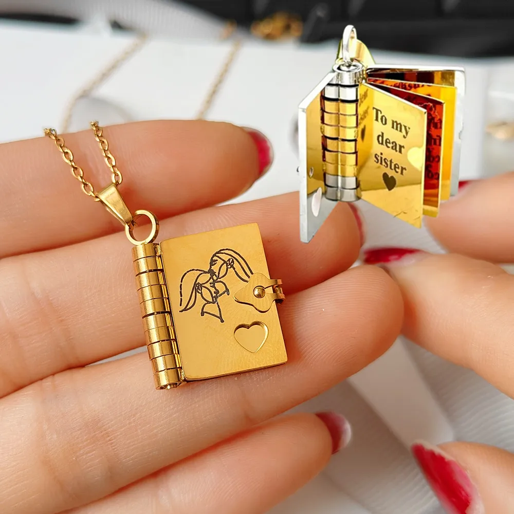 To My Best Sister Openable Book Necklace Graduation Birthday Gifts for Women Engraved 6 Pages Information Heart Locket Necklace