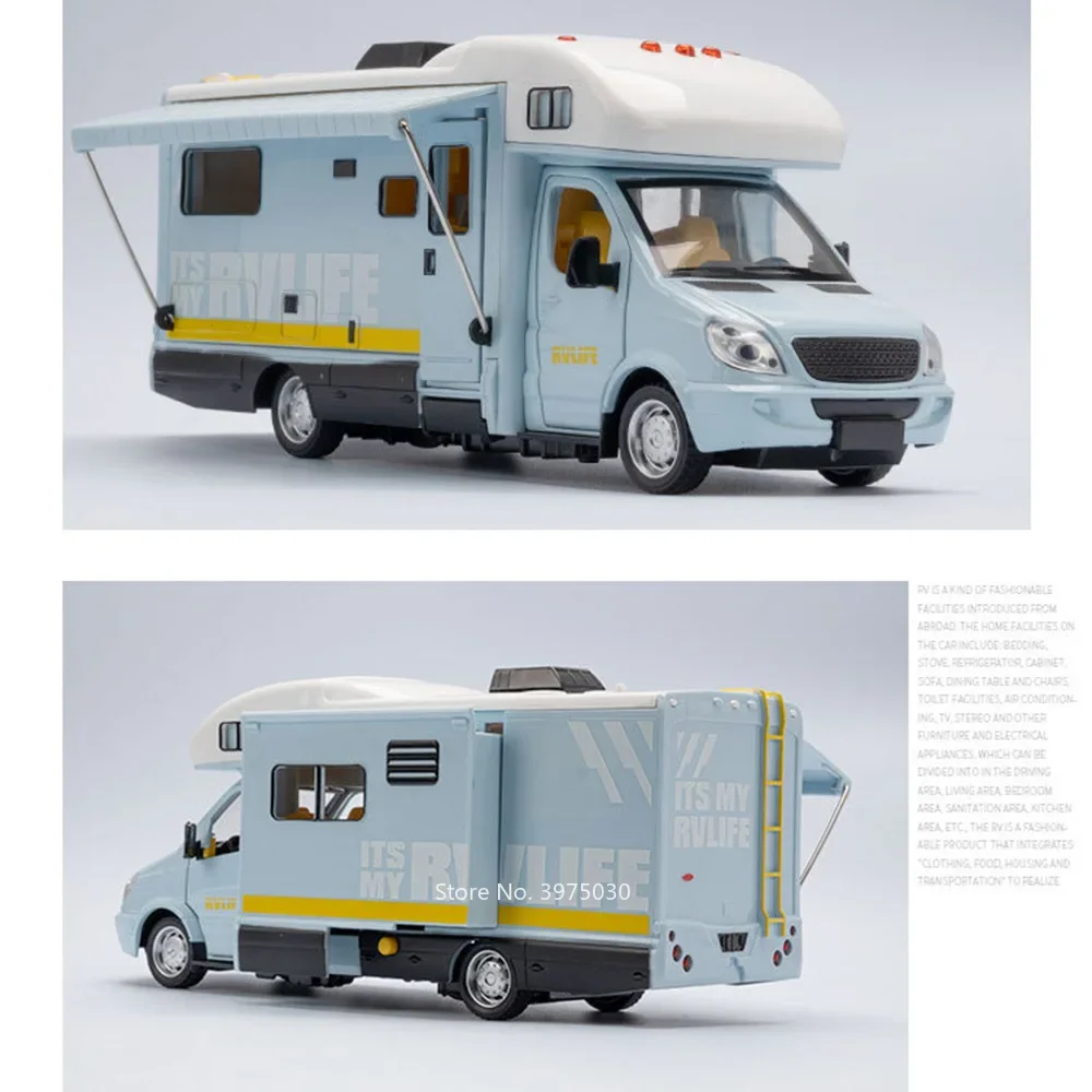 1/32 Scale Touring Car Toy Model Alloy Diecast Pull Back Camping RV Vehicle with Sound Light Motor Home for Kids Children Gift