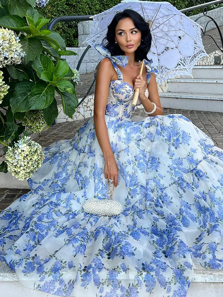 

Unique Printed Halter Long Dress Woman Waist Cinching A-Line Splicing Dresses Elegant Fashion Women's New Evening Party Dresses