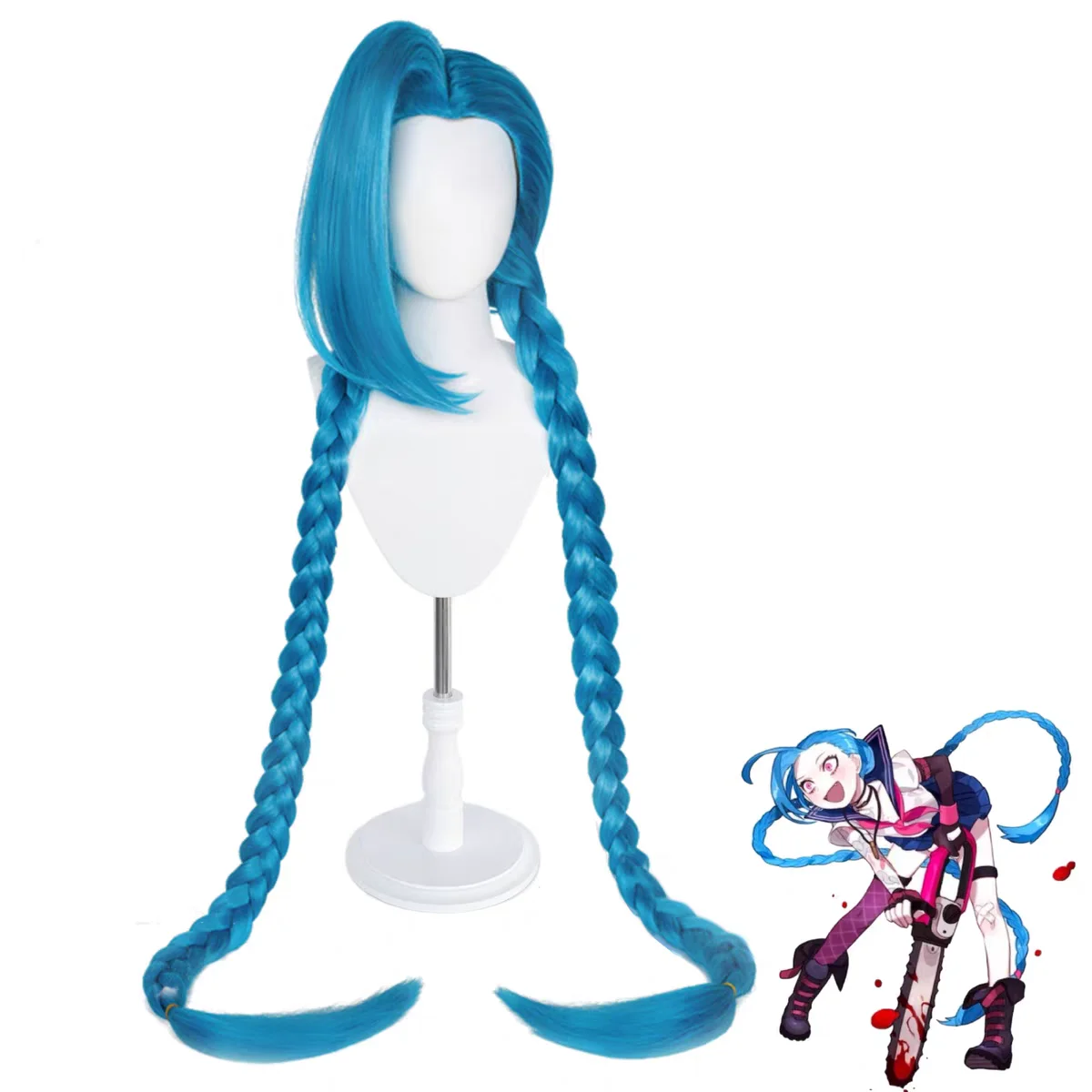 LOL Jinx COSPLAY วิกผมยาวสีฟ้าวิกผมสีฟ้า Braid ความร้อนทนผมสังเคราะห์อะนิเมะวิกผมและหมวกวิกผม