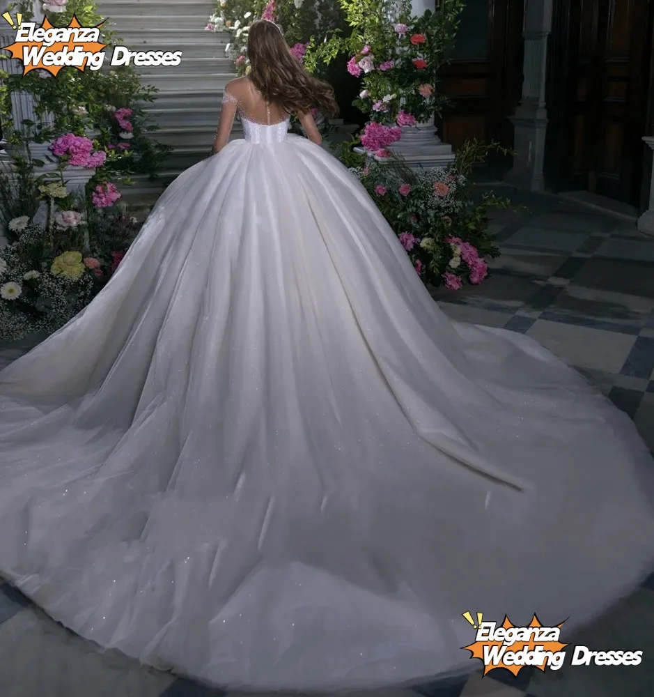 فساتين زفاف مخصصة ثوب الزفاف الديكور اللؤلؤ بلورات عالية الياقة الوهم طويلة الأكمام Vestidos De Noiva