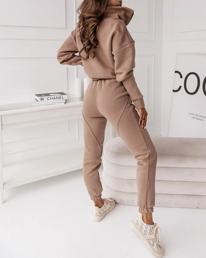 Fashion Two Piece Set Women Outfit 2023 Autumn Clothes Stand Collar Long Sleeve Zipper Design Top & Casual Piping Pants Set