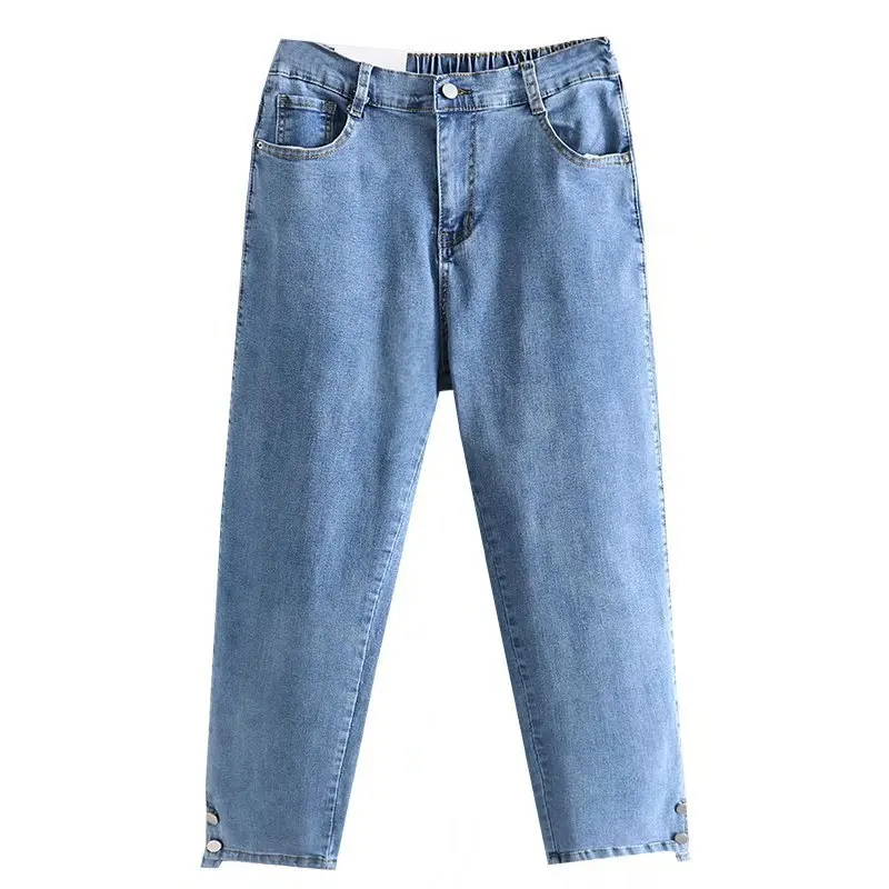 

Spring Autumn Clothing Women Drainpipe Jeans Plus Size Brief Denim Cotton Leg Opening Buttons High Waist Stretch Straight Pants