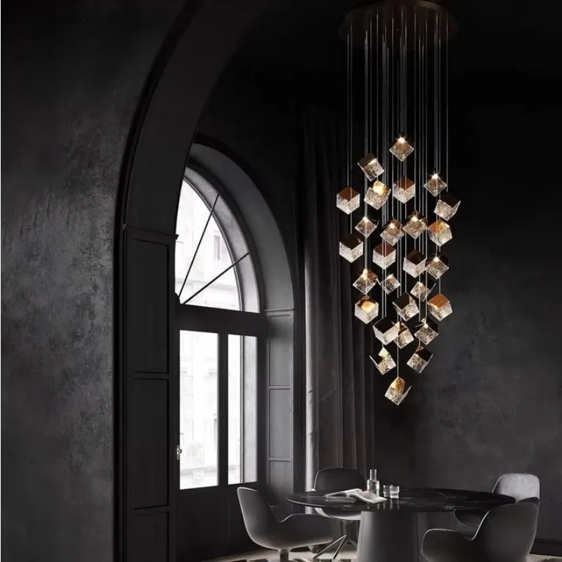 Designer Crystal Glass Rubik's Cube Hanging Light Modern Restaurant Shop Exhibition Hall Front Staircase Long Chandelier