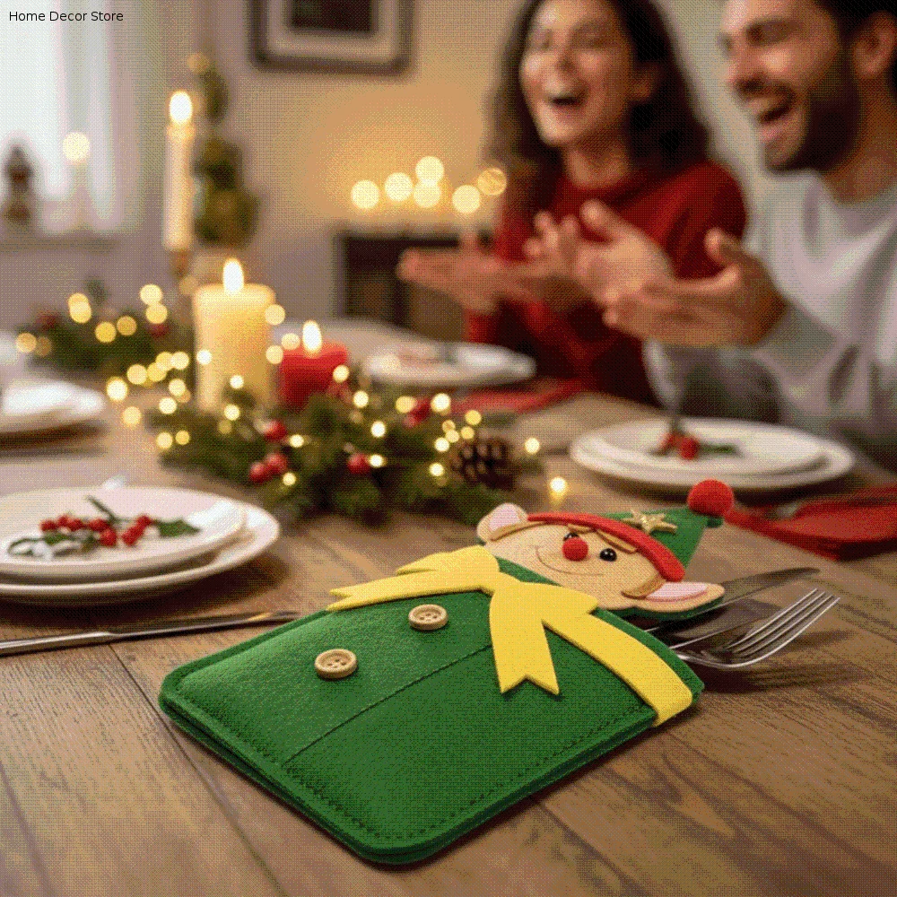 2pcs Felt Christmas Cutlery Holder Cute Reusable Xmas Tableware Bag Festive Creative Bright Colorful Cartoon Utensil Pocket