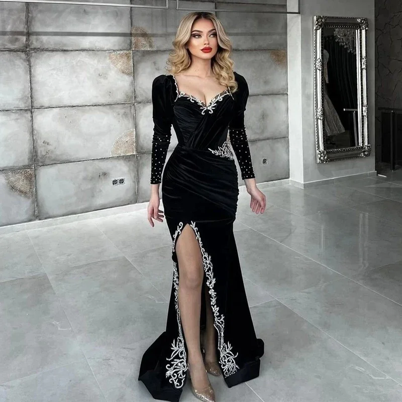 

Vintage Long Sleeves Evening Party Gowns Vestidos De Festa Sexy Side Slit Islamic Dubai Saudi Arabic Prom Dresses Plus Size