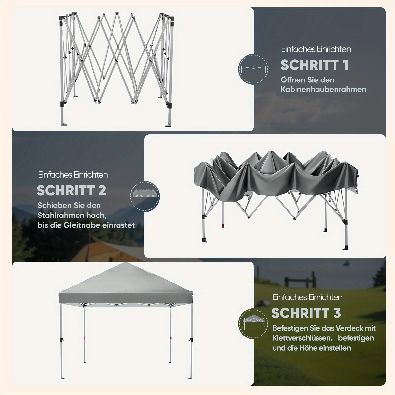 Carpa Plegable de un Clic, Estable y Resistente al Invierno, 3x3m, con Tubos Reforzados, Carpa de Fiesta Plegable que Ahorra Espacio para Camping, Festivales y Fiestas en el Jardín