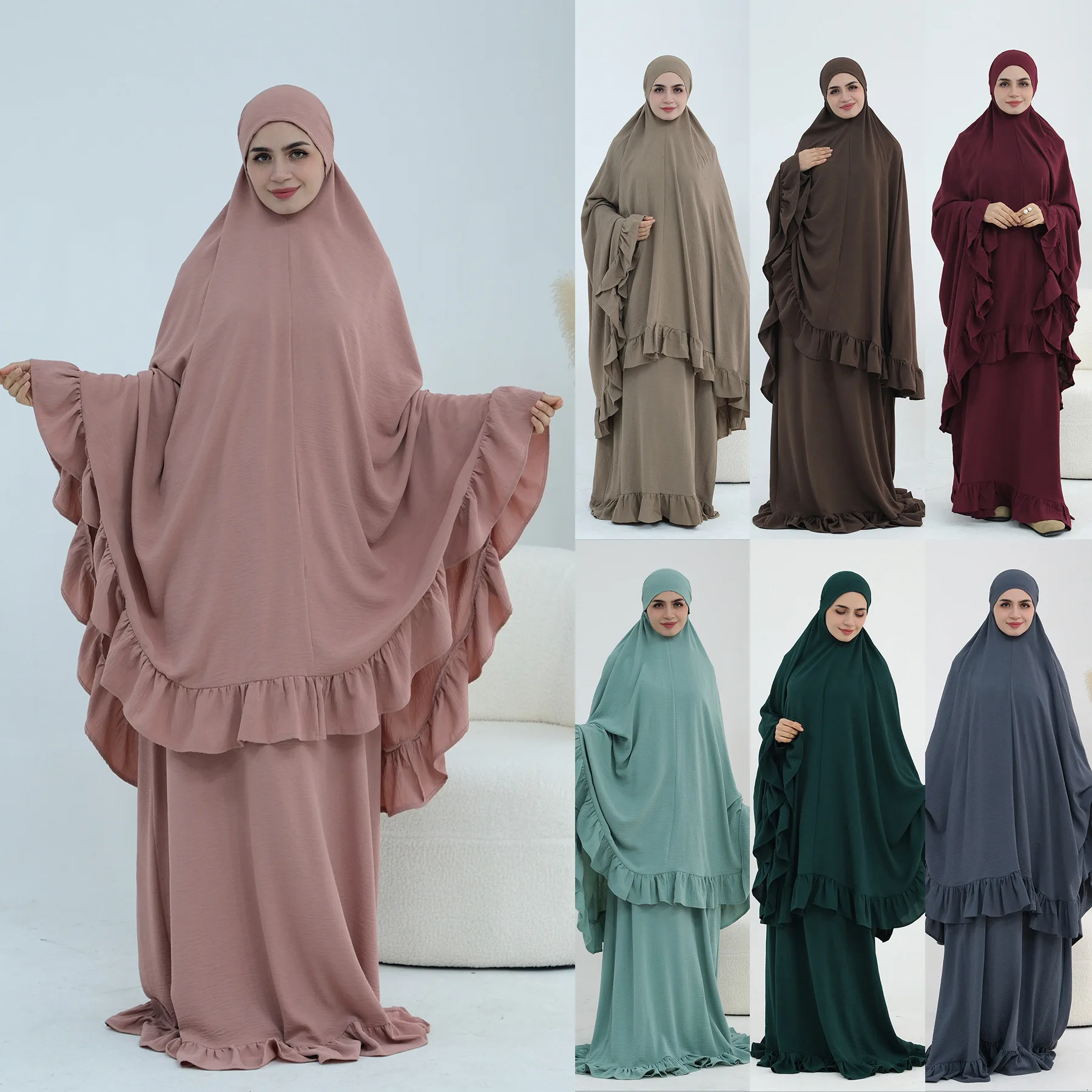 

Eid Women Hooded Khimar Dress 2 Piece Set Jilbab Abaya Full Cover Prayer Garment Muslim Women Hijab Long Dress Ramadan Niqab