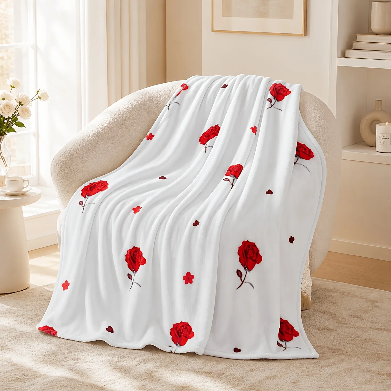 Elegant Red Rose Print Throw Blanket Cozy Sofa Bedding Gift for Home Decor Luxury Comfort
