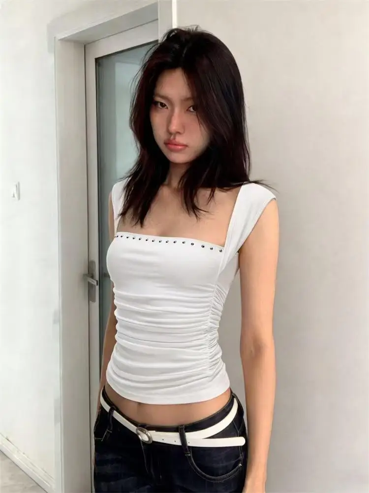Y2K Damen Tanktop Sommer Slim Square Collar Sexy Tops Kurzarm Street Fashion Schwarzes Crop Top American Hot Girl Design Sense – Detail 4