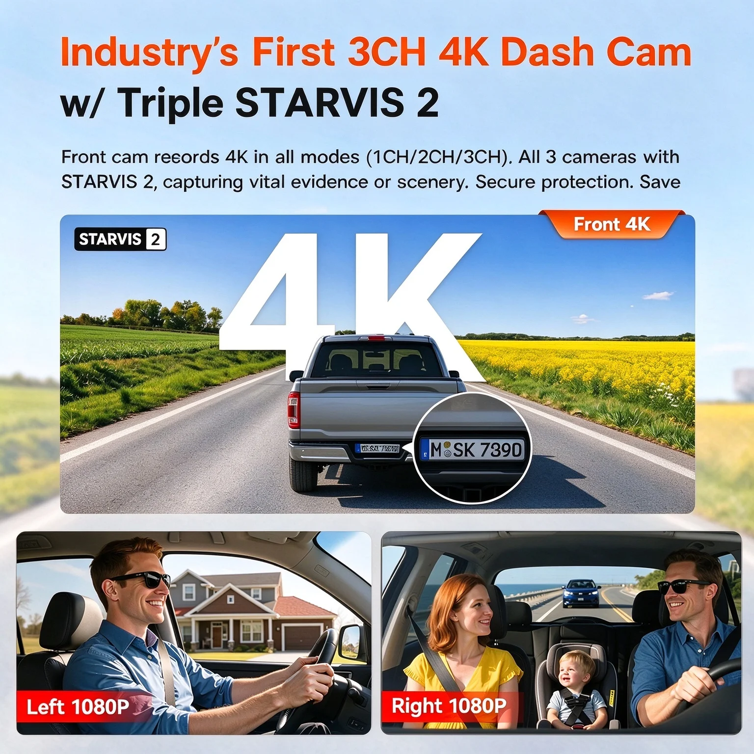 N5S 3 Channel 180 Degree 4K Dash Cam 4K+1080P*2 Front and Left Right Dashcam, STARVIS 2 Night Vision, 24H Parking Mode, WiFi, Loop Recording, Not Include SD Card, Car Accessories