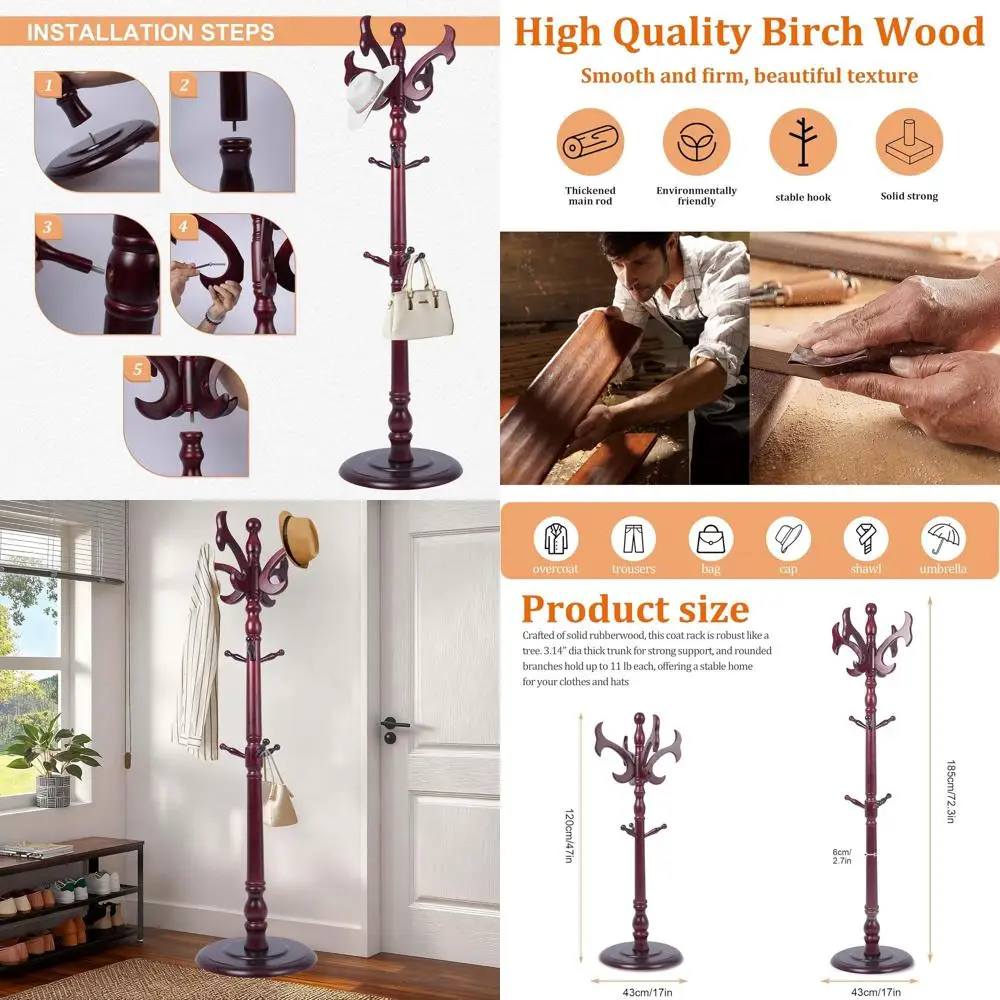 

Напольная вешалка для одежды из массива дерева с 18 крючками, регулируемая по высоте, простая сборка, высота 73 дюйма, для прихожей или спальни