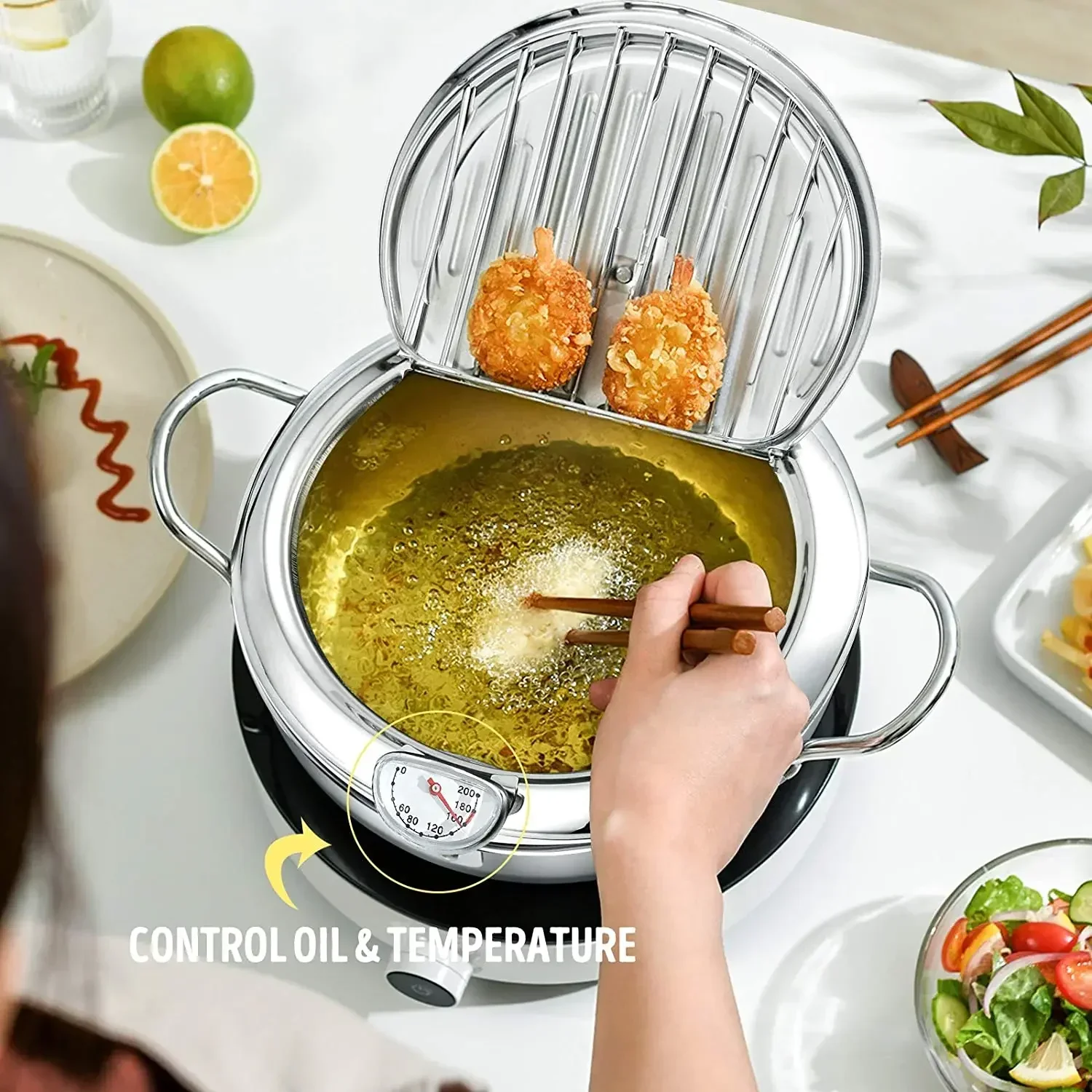 

24CM Japanese Deep Frying Pot Oil Fryer with a Thermometer and a Lid 304 Stainless Steel Kitchen Tempura Fryer Pan