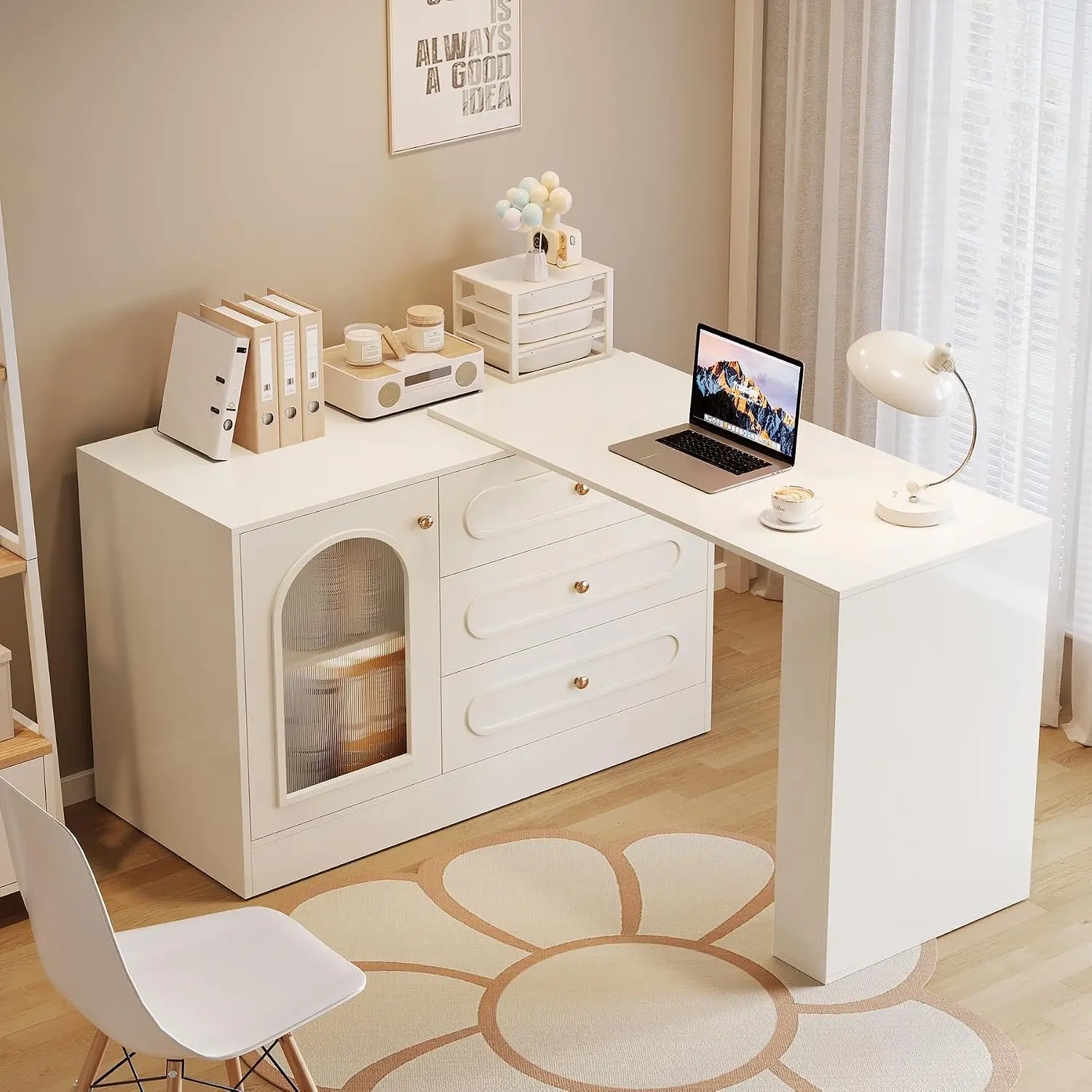 L Shaped Desk With 3 Drawers & Adjustable Shelves, Reversible Corner Desk With Storage Cabinet For Home Office, 78