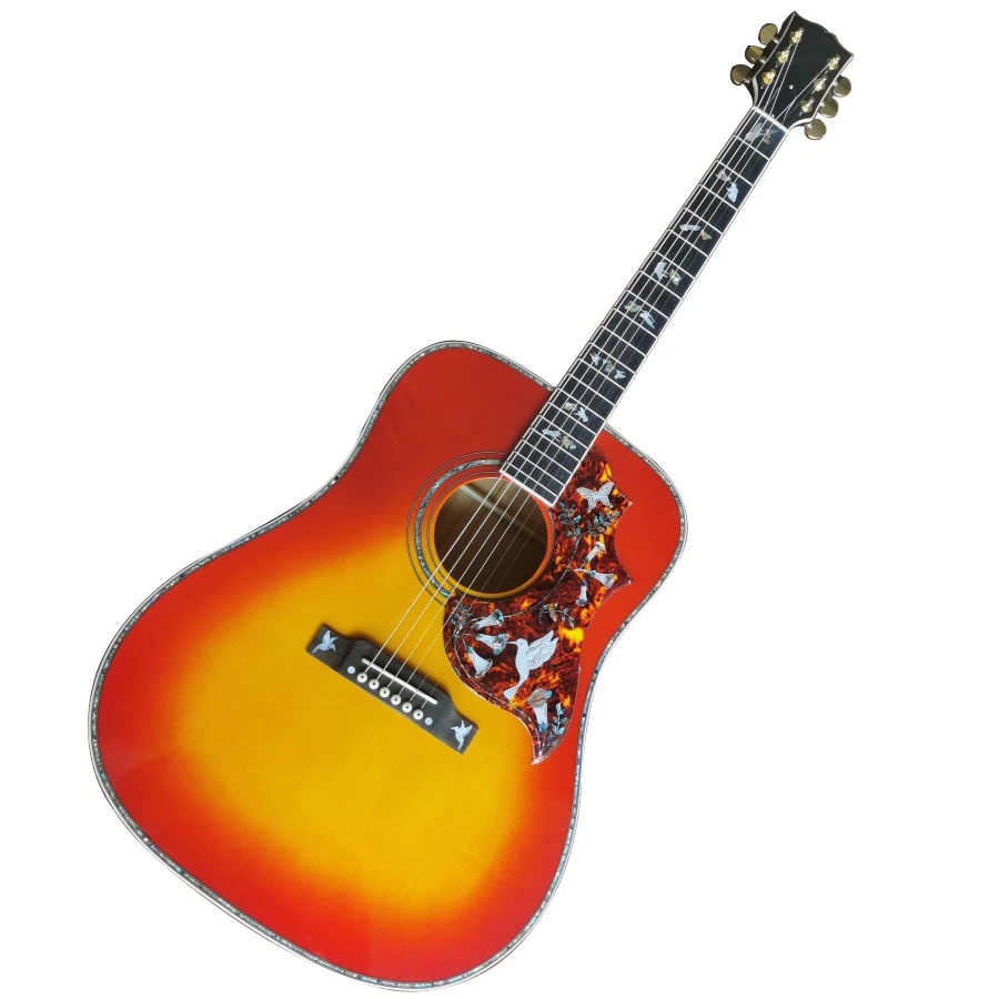 Solid wood polished 41 inch hummingbird series sunset red bright acoustic guitar